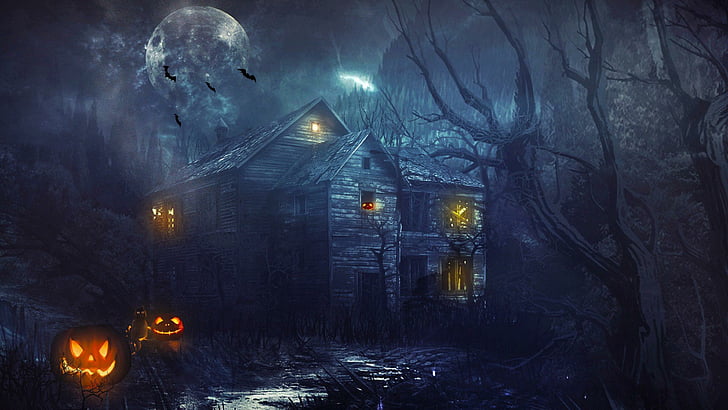 halloween, pumpkins, moon, bats, ghost house, night, HD wallpaper