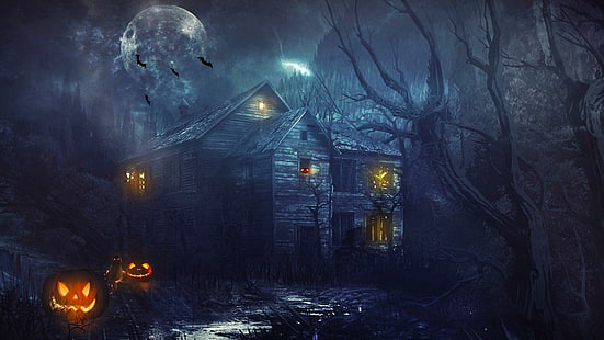 halloween, pumpkins, moon, bats, ghost house, night, HD wallpaper HD wallpaper