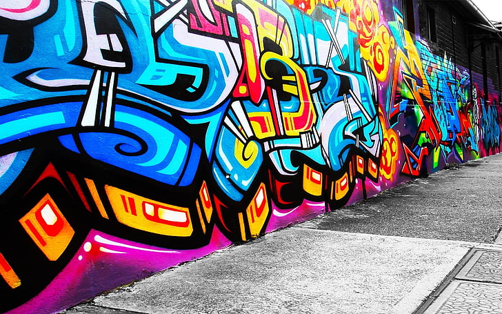 blue and yellow wall graffiti, graffiti, wall, urban, HD wallpaper