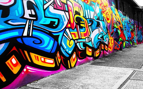 синие и желтые граффити, граффити, стена, городские, HD обои HD wallpaper