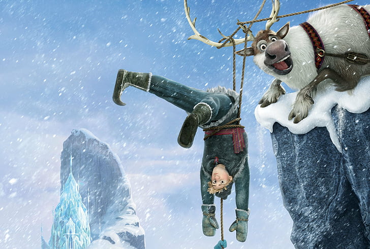 kar, kar taneleri, buz, geyik, dondurulmuş, Krallık, Walt Disney, animasyon, 2013, Soğuk Kalp, Hans, Kristoff, buz kale, Arendelle, Arundel, Sven, HD masaüstü duvar kağıdı