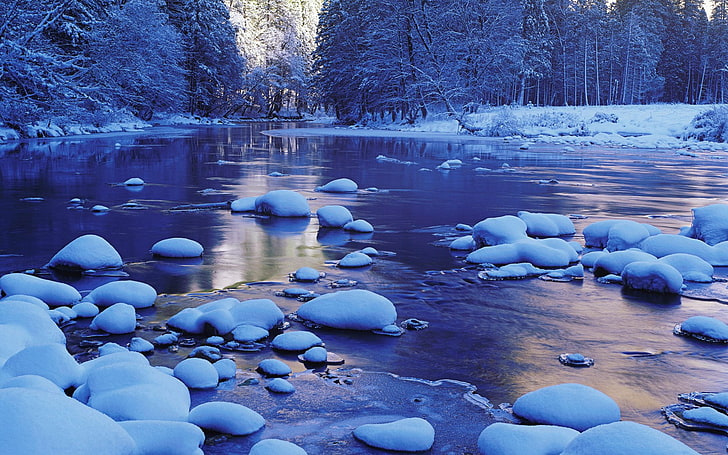 ヨセミテ国立公園マーセド川-Windows 10 HD ..、川の近くの雪に覆われた木壁紙、 HDデスクトップの壁紙