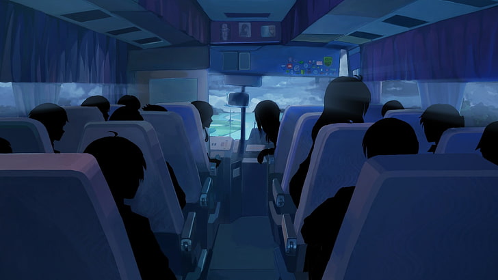 bus interior anime illustration, shadow, buses, clouds, Everlasting Summer, anime, people, HD wallpaper