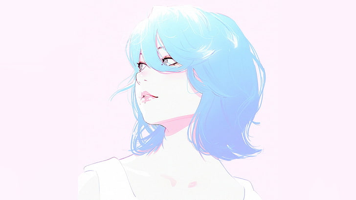 mavi saçlı kadın giyiyor beyaz üst dijital duvar kağıdı, Ilya Kuvshinov, dijital sanat, anime girls, HD masaüstü duvar kağıdı