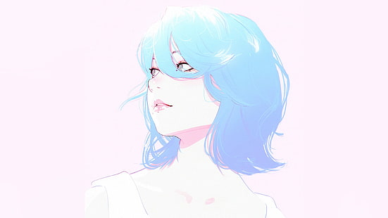 голубоволосая женщина в белых топ-цифровых обоях, илья кувшинов, цифровое искусство, аниме девушки, HD обои HD wallpaper