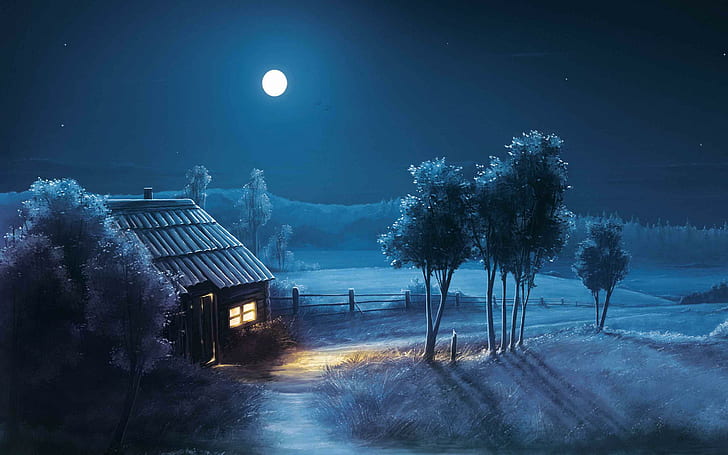 Blå nattfullmånelandskap, brunt hus, blått, natt, fullmåne, landskap, HD tapet