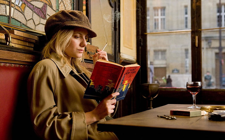 cafeteria, millinery, smoking, movies, Mélanie Laurent, sitting, hat, cigarettes, blonde, women, HD wallpaper