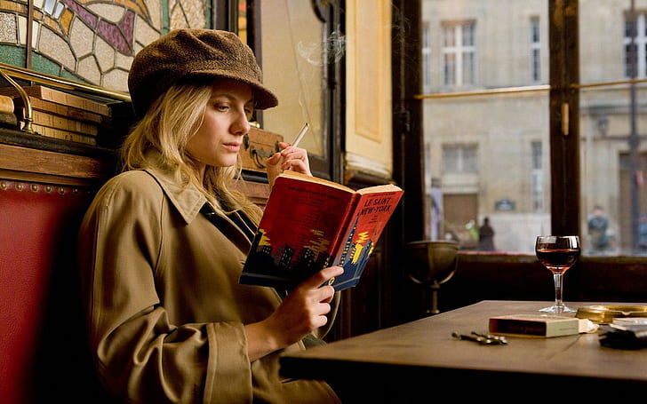 movies, women, blonde, hat, millinery, smoking, cigarettes, sitting, cafeteria, Mélanie Laurent, HD wallpaper