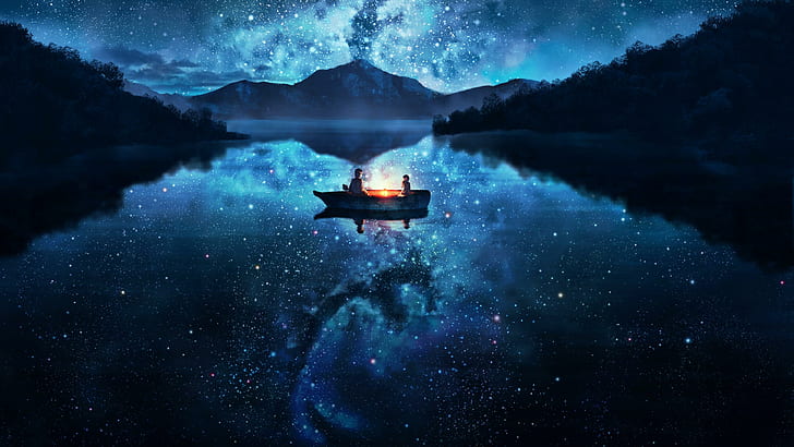 Anime Kunst, Boot, Nacht, Wasser, Himmel, Sterne, Dunkelheit, Zeichnung, See, Mitternacht, Nachtszene, blau, Anime-Szene, HD-Hintergrundbild