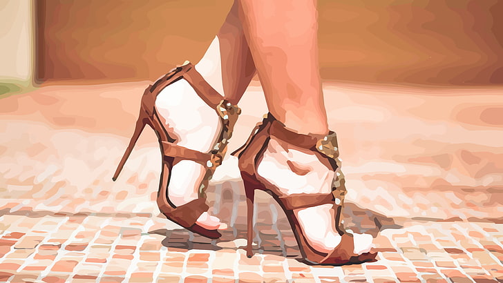 par de zapatos de tacón abierto de cuero marrón para mujer, vector, tacones altos, sandalias, pies, dedos de los pies, arte vectorial, Fondo de pantalla HD