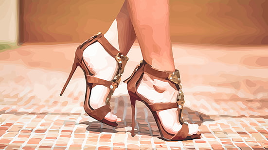 pair of women's brown leather open-toe pumps, vector, high heels, sandals, feet, toes, vector art, HD wallpaper HD wallpaper