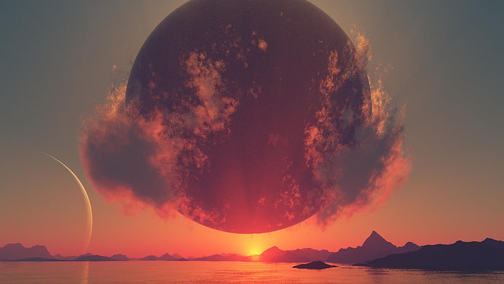 ilustrasi bulan hitam bulat, seni digital, pemandangan, sinar matahari, alam, Wallpaper HD