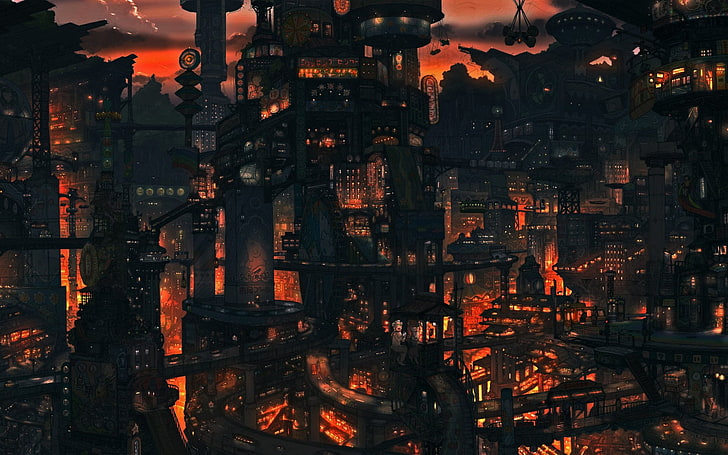 czarny wieżowiec z ilustracją świetlną, Sci Fi, City, Tapety HD