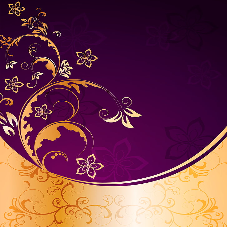 коричневый и фиолетовый цветочный декор, фон, золотой, орнамент, винтаж, текстура, цветочный, узор, HD обои