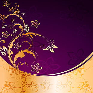 коричневый и фиолетовый цветочный декор, фон, золотой, орнамент, винтаж, текстура, цветочный, узор, HD обои HD wallpaper