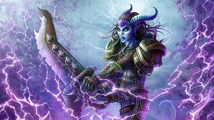Video game World Of Warcraft night elf hunter magic sword horn fantasy female demon Art HD Wallpaper for laptop and tablet 3840×2160, HD wallpaper