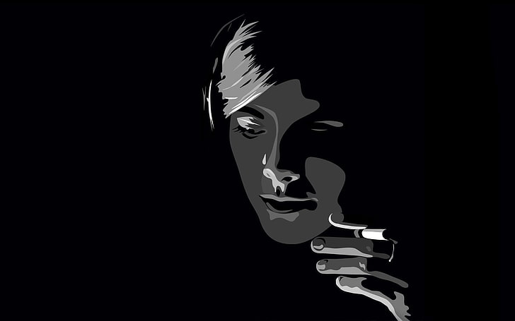 grafiskt porträtt av kvinna, svart bakgrund, ansikte, minimalism, rökning, cigaretter, porträtt, HD tapet