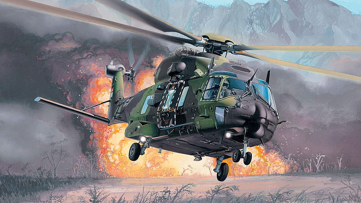 the explosion, fire, helicopter, multipurpose, Eurocopter, NH90, extraction, NHI, HD wallpaper