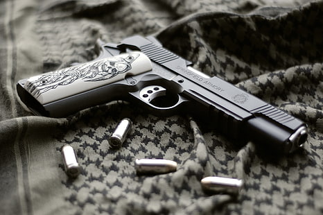 черен полуавтоматичен пистолет, пистолет, оръжия, плат, 1911 г., Спрингфийлдска арсенал, HD тапет HD wallpaper