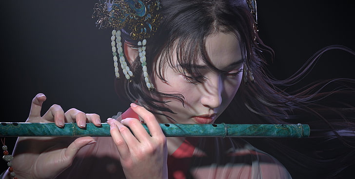 Die Flöte, Fantasie, Instrument, luminos, Mädchen, Hand, Sheng Luo, Flöte, asiatisch, frumusete, HD-Hintergrundbild