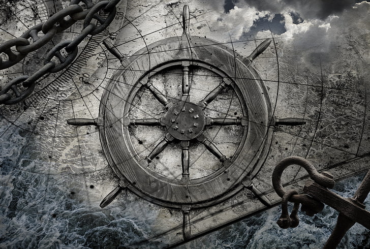 Ilustración de rueda de marinero gris, madera, mapa, timón, Fondo de pantalla HD
