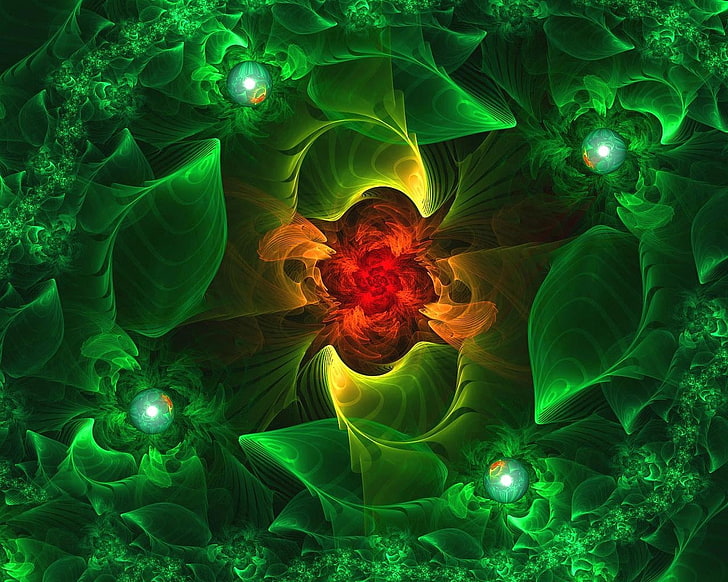 червено, зелено и жълто флорална илюстрация, фрактал, цвете, фон, ярък, цветен, HD тапет