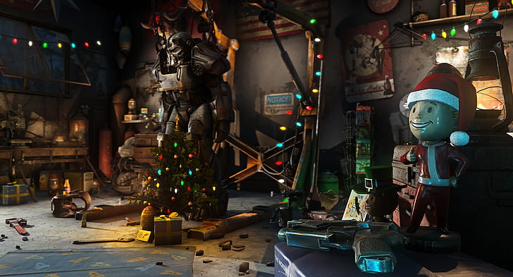 The game, Christmas, New year, Weapons, Decoration, Garage, Holiday, Fallout, Tree, Toys, Bethesda, Bethesda Game Studios, Fallout 4, Brotherhood of Steel, Vault Boy, Vault-TEC, Vault Tec, Vault-Boy, Boltyboy, The Brotherhood Of Steel, by Digital Frontiers, Digital Frontiers, Fallout 4 Christmas, HD wallpaper