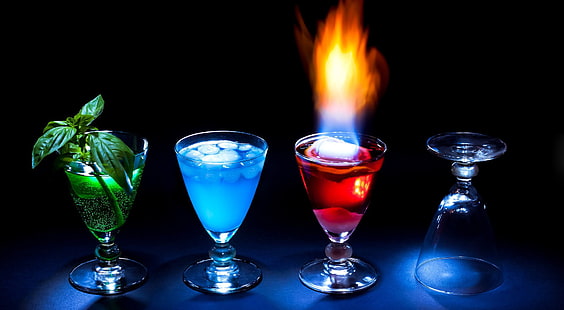 berwarna-warni, api, gelas minum, koktail, alkohol, Wallpaper HD HD wallpaper