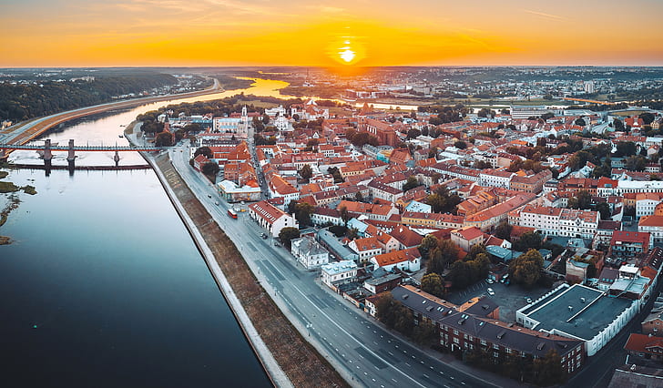 zachód słońca, miasto, Litwa, Kowno, Tapety HD