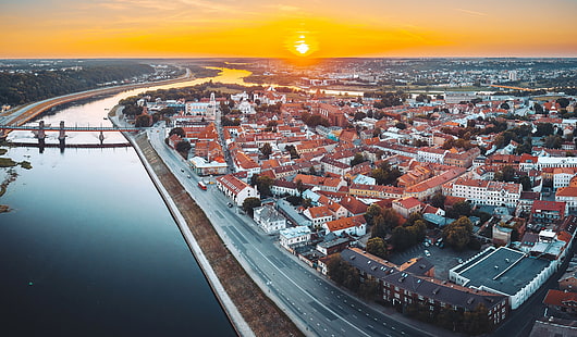 solnedgång, staden, Litauen, Kaunas, HD tapet HD wallpaper