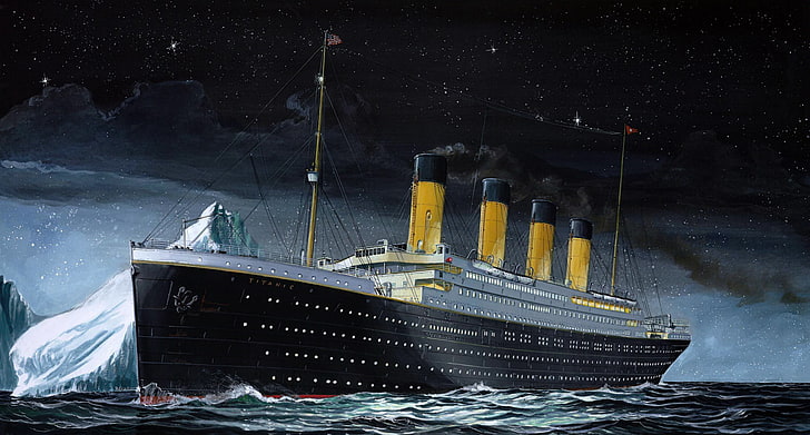 biało-czarne malowanie Titanica, Niebo, Morze, Noc, Postać, Liniowiec, Góra lodowa, Titanic, Statek, Czas, Statek pasażerski, RMS Titanic, w ruchu, Tapety HD