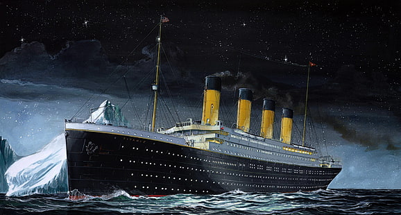 white and black Titanic painting, The sky, Sea, Night, Figure, Liner, Iceberg, Titanic, The ship, The time, Passenger ship, RMS Titanic, on the go, HD wallpaper HD wallpaper
