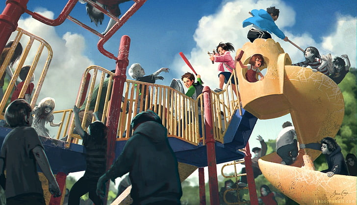 kids playing on playground digital painting, zombies, artwork, HD wallpaper