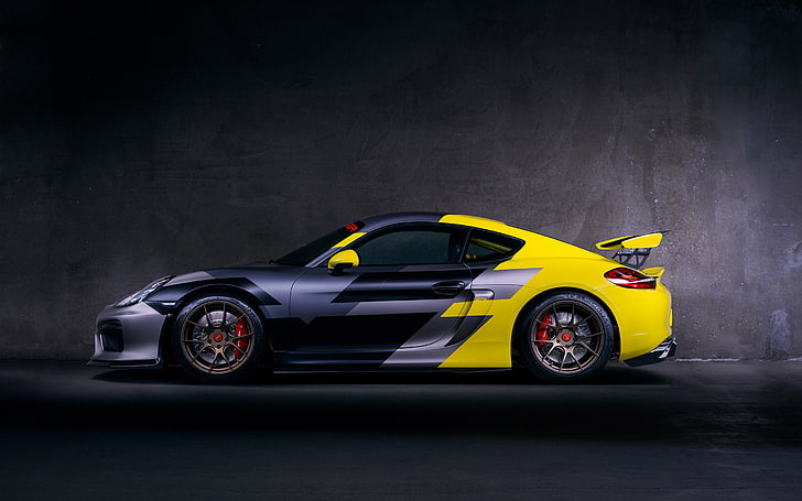 Vorsteiner Porsche Cayman GT4 2016、黄色と黒のスポーツカー、車、ポルシェ、2016、 HDデスクトップの壁紙