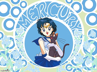 Sailor Moon Charakter Kunstwerk, Luna, Ami Sailor Moon, Mädchen, Freude, Katze, HD-Hintergrundbild HD wallpaper
