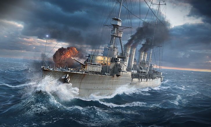 Ilustración de barco de carga blanca, mundo de buques de guerra, red de wargaming, barco, explosión, mar, Fondo de pantalla HD
