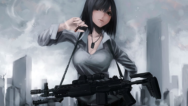 kvinnlig skytt karaktär tapet, anime, animeflickor, pistol, vapen, rökning, kort hår, M14 EBR, original tecken, HD tapet