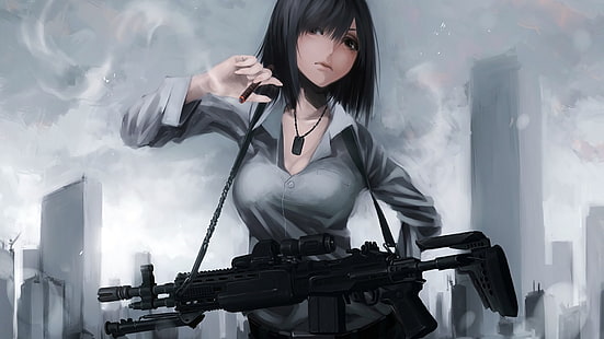 female gunner character wallpaper, anime, anime girls, gun, weapon, smoking, short hair, M14 EBR, original characters, HD wallpaper HD wallpaper