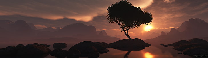 silhouette of tree, nature, dusk, landscape, digital art, HD wallpaper