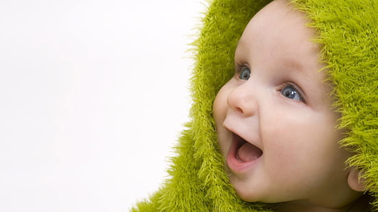 зелено одеяло, сини очи, деца, бебе, HD тапет HD wallpaper