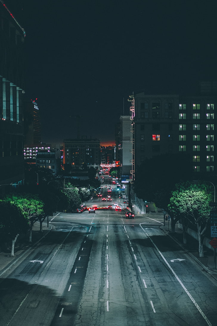 серая бетонная дорога, лос-анджелес, ночной город, дорога, трафик, HD обои, телефон обои