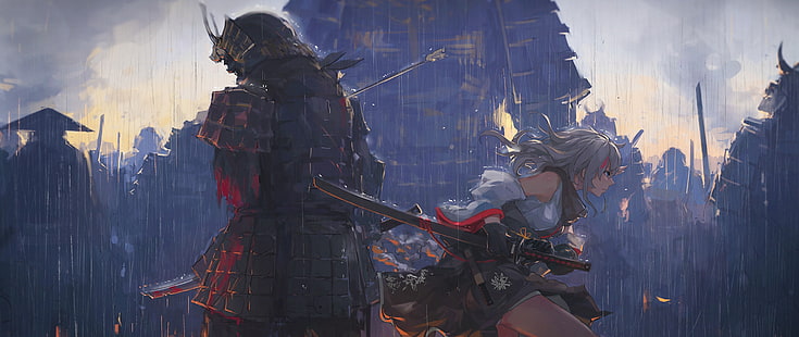 dziewczyna anime, samuraj, bitwa, miecz, deszcz, dzieło sztuki, anime, Tapety HD HD wallpaper