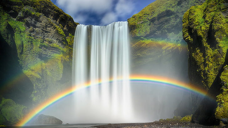 water, waterfall, stones, rock, moss, Iceland, rainbows, nature, long exposure, clouds, HD wallpaper
