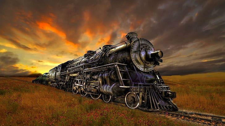 Красиво изкуство на пара влак, черен 3d влак, писта, облаци, влак, цветя, коли, HD тапет