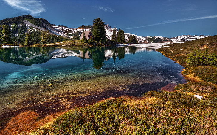 montañas nevadas al lado del lago, naturaleza, lago, reflejo, montañas, HDR, Fondo de pantalla HD