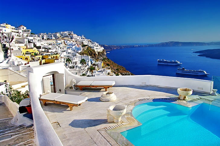 sea, coast, view, island, home, ships, pool, Greece, Bay, sunbeds, Santorini, HD wallpaper