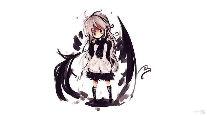 black and white skull print textile, chibi, original characters, white hair, wings, white background, HD wallpaper