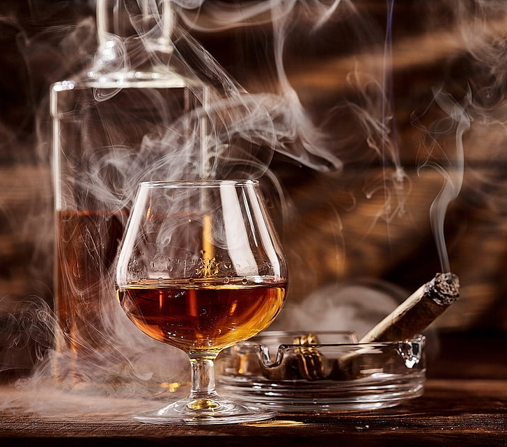 Cognac, Zigarren, Rauchen, Trinkglas, Rauch, Alkohol, HD-Hintergrundbild