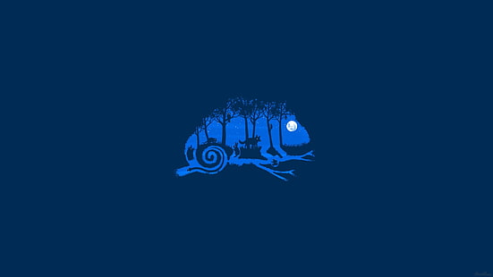 azul camaleão clip-art, azul, animais, minimalismo, arte digital, camaleões, lua, olhos, silhueta, cobra, coelhos, lobo, coruja, árvores, cauda, ​​estrelas, imaginação, fundo azul, morcegos, sapo, ramo, grama, simplesfundo, HD papel de parede HD wallpaper