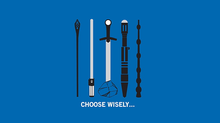 sword illustration, untitled, The Lord of the Rings, Star Wars, Excalibur, Harry Potter, Doctor Who, weapon, minimalism, blue background, humor, military, war, movies, sword, HD wallpaper
